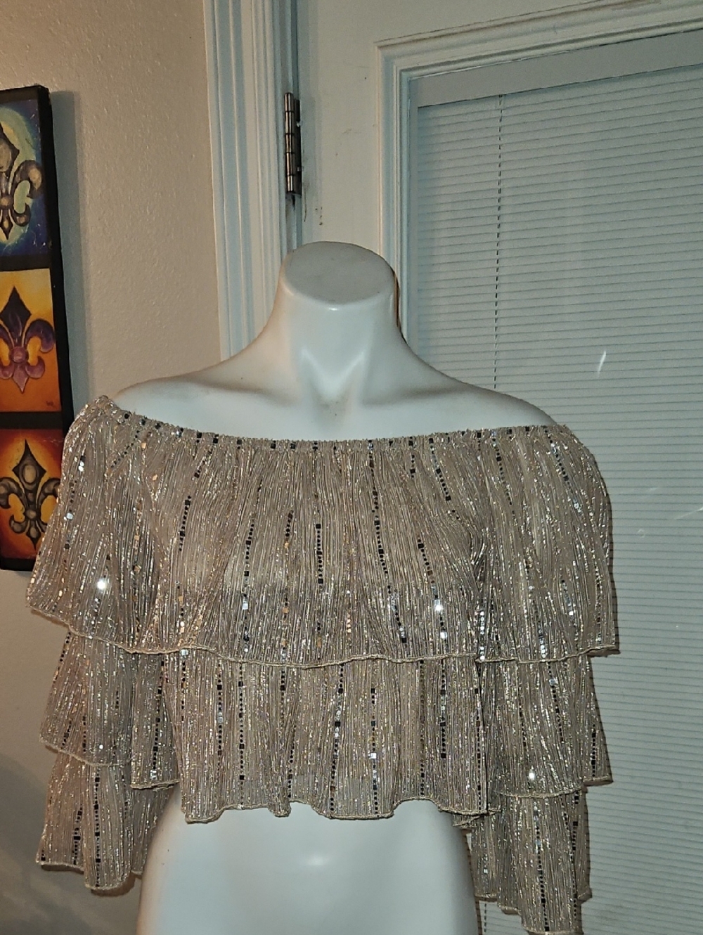 Fashion Nova Champagne Sequin Off-Shoulder Tiered Crop Top